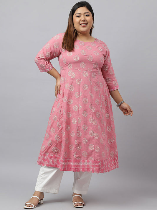 Janasya Women's Pink Cotton Foil Floral Printed Casual Anarkali kurta | Swadesiicart