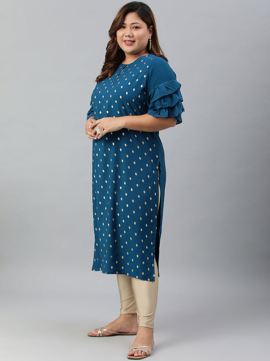 Janasya Women's Teal Poly Crepe Foil Print Casual Straight kurta | Swadesiicart