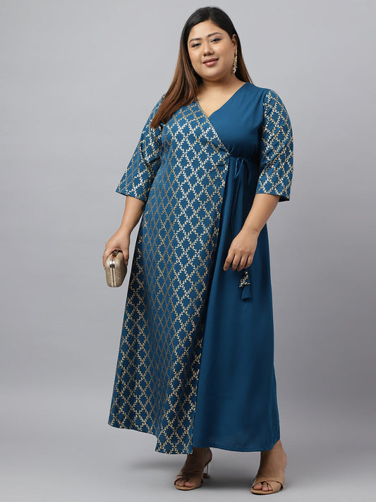 Janasya Teal Poly Crepe Foil Printed kurta | Swadesiicart