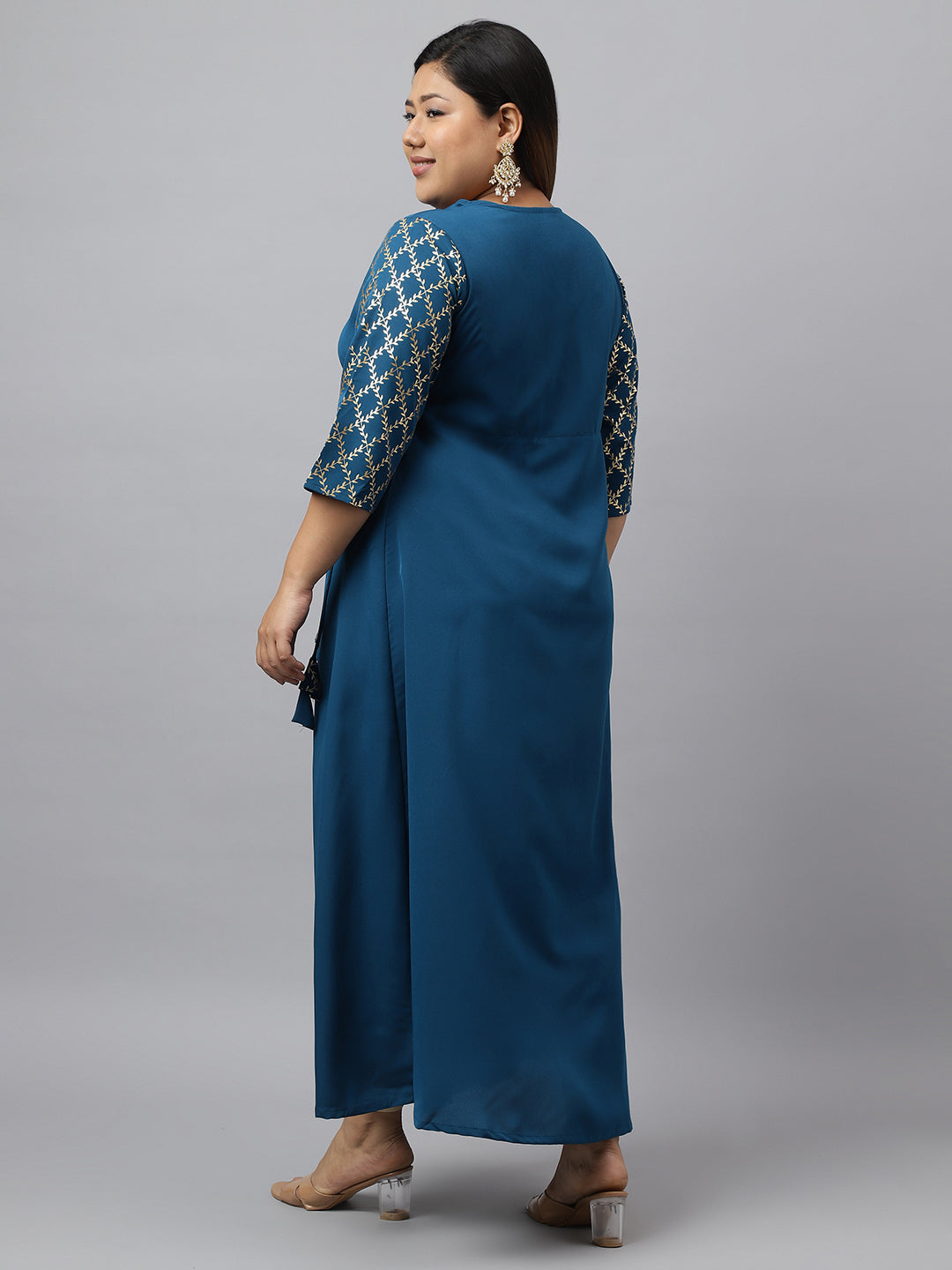 Janasya Teal Poly Crepe Foil Printed kurta | Swadesiicart