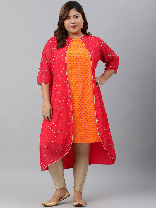 Janasya Women's Orange Poly Crepe Floral Print Festive & Party A-Line With Attached Jacket kurta | Swadesiicart