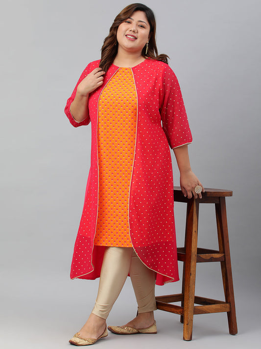 Janasya Women's Orange Poly Crepe Floral Print Festive & Party A-Line With Attached Jacket kurta | Swadesiicart
