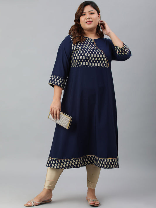Janasya Women's Navy Blue Poly Crepe Ethnic Motifs Festive & Party A-line kurta | Swadesiicart