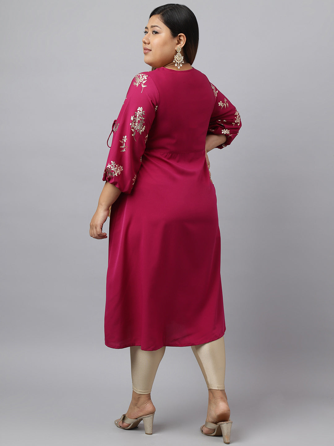 Janasya Magenta Poly Crepe Foil Floral Print kurta | Swadesiicart
