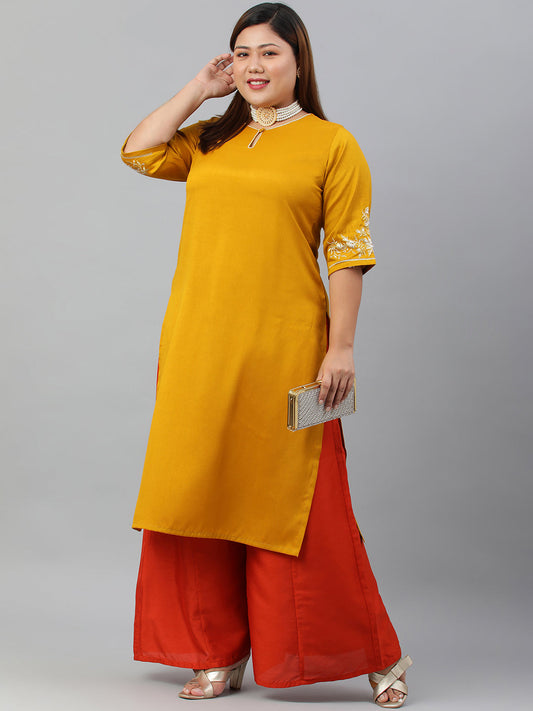 Janasya Women's Mustard Poly Silk Embroidered Festive & Party Straight kurta | Swadesiicart