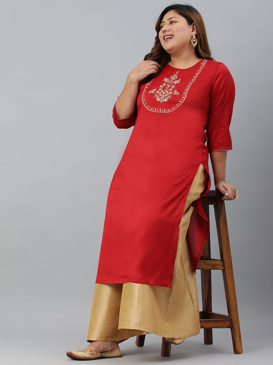 Janasya Women's Red Poly Silk Embroidered Festive & Party Straight kurta | Swadesiicart