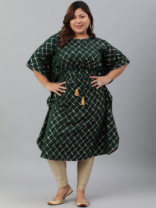 Janasya Women's Green Poly Crepe Checkered Festive & Party Kaftan kurta | Swadesiicart