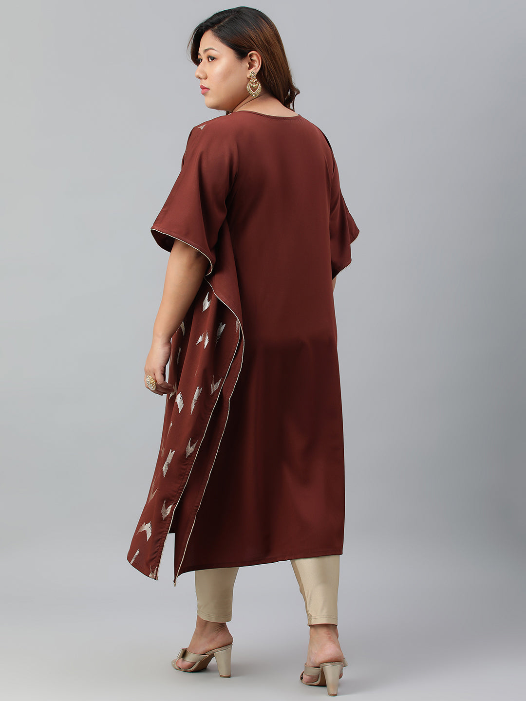 Janasya Women's Brown Poly Crepe Geometric Print Festive & Party Kaftan kurta | Swadesiicart
