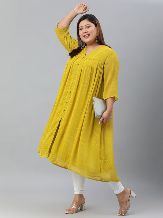 Janasya Women's Mustard Poly Chiffon Self Design Casual Flared kurta | Swadesiicart