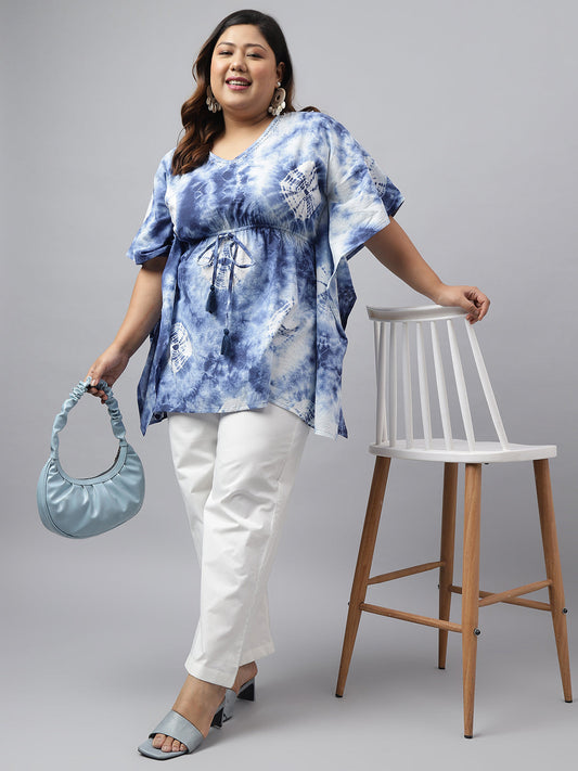 Janasya Women's Navy Blue Cotton Tie Dye Casual Kaftan Tunic | Swadesiicart