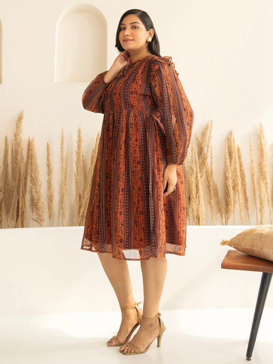 Janasya Rust Chiffon Lurex Floral Printed Casual Dress | Swadesiicart