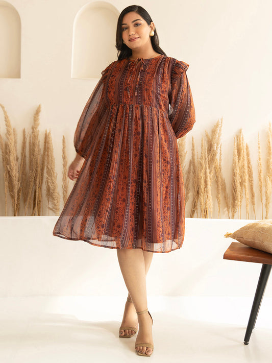 Janasya Rust Chiffon Lurex Floral Printed Casual Dress | Swadesiicart