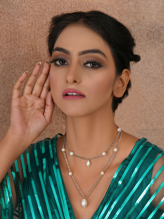 Layered Pearl and Silver Neckpiece (silver) - Ruby Raang | Swadesiicart