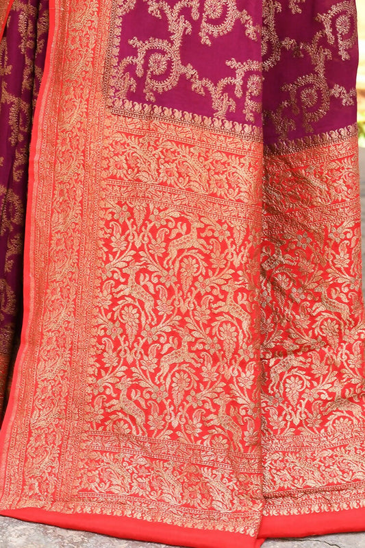 Joban Fashion Hot Pink Crepe Chiffon Pure Handloom Banarasi Silk Saree | Swadesiicart