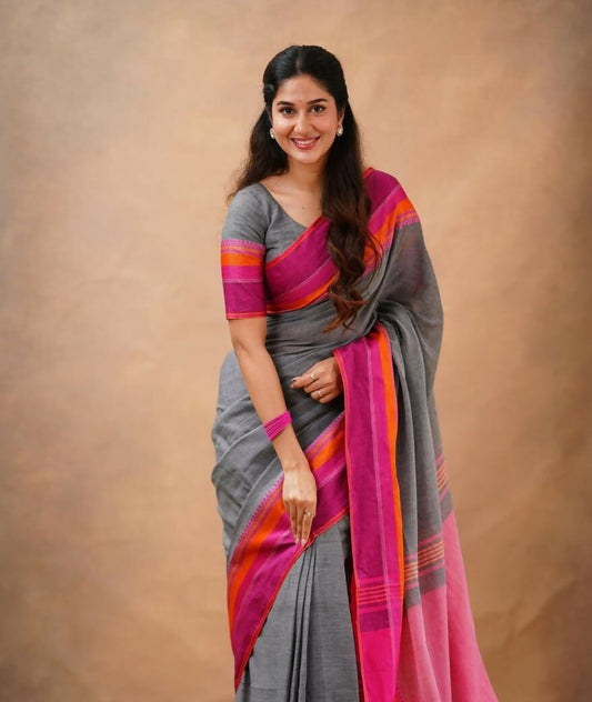 Exclusive Collection Grey Beautiful Khadi Cotton Handloom Saree - Swadesiicart