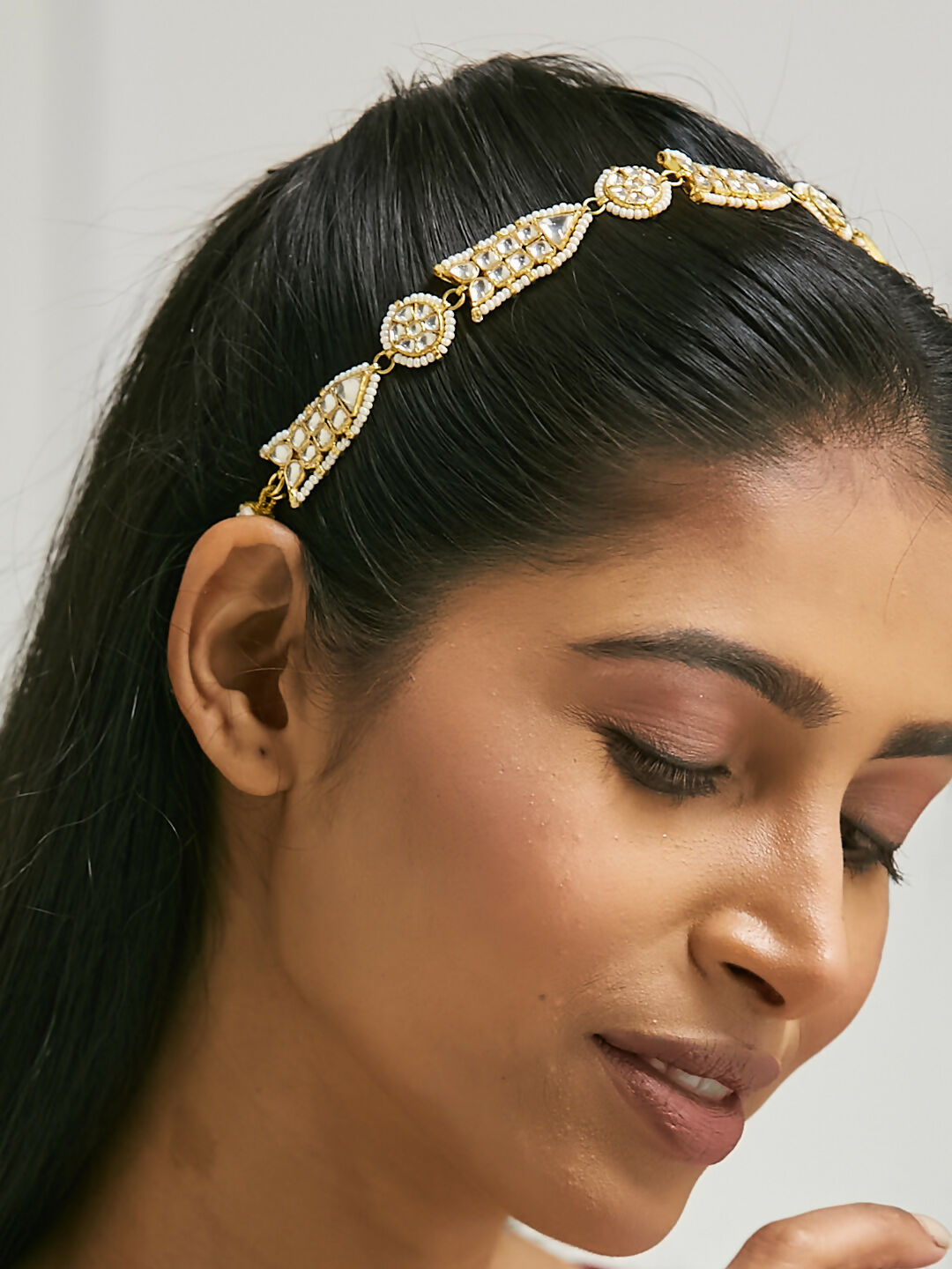 Nuyug 22K Gold-Plated Kundan & Pearls Studded Matha Patti with Regal Motifs Head Jewellery | Swadesiicart