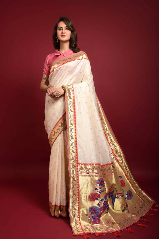 Vishnu Weaves Women's White Paithani Silk Zari Woven Saree with Unstitched Blouse - Swadesiicart