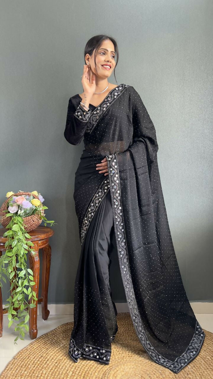 Vastranavya Black Rangoli Silk Real Mirror work with Swarovski work Ready to Wear Saree | Swadesiicart