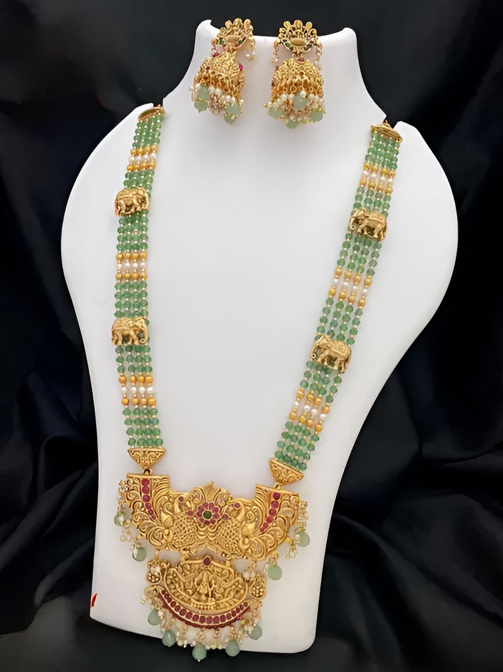Jewel City Temple Design Gold-Plated Beaded Necklace & Earring Set with Green Gemstones - Traditional Handcrafted Ethnic Jewelry | Swadesiicart