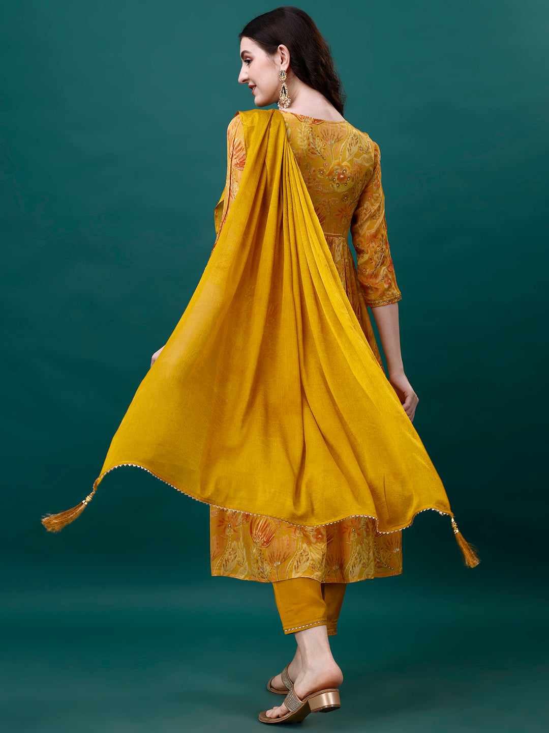 Alia Cut Hand Embroidered & Printed Pure Chinon Kurta With Pant & Dupatta, Multicolor - Hiral Fashion