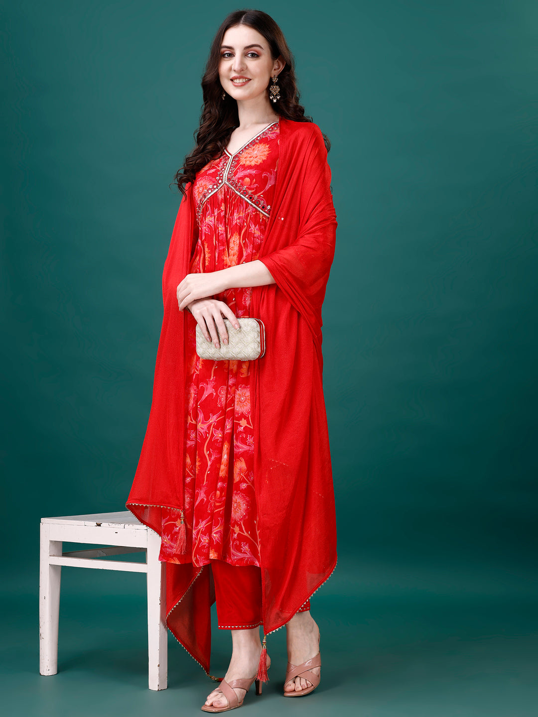 Alia Cut Hand Embroidered & Printed Pure Chinon Kurta With Pant & Dupatta, Multicolor - Hiral Fashion