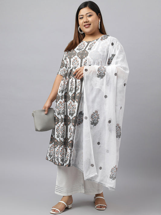 Janasya Women's White Cotton Flared Casual Kurta Set | Swadesiicart