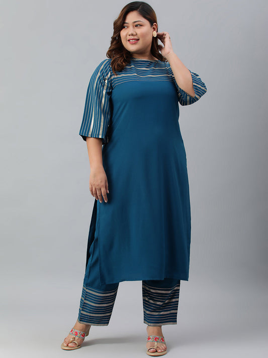 Janasya Women's Teal Poly Crepe Straight Casual Kurta Set | Swadesiicart
