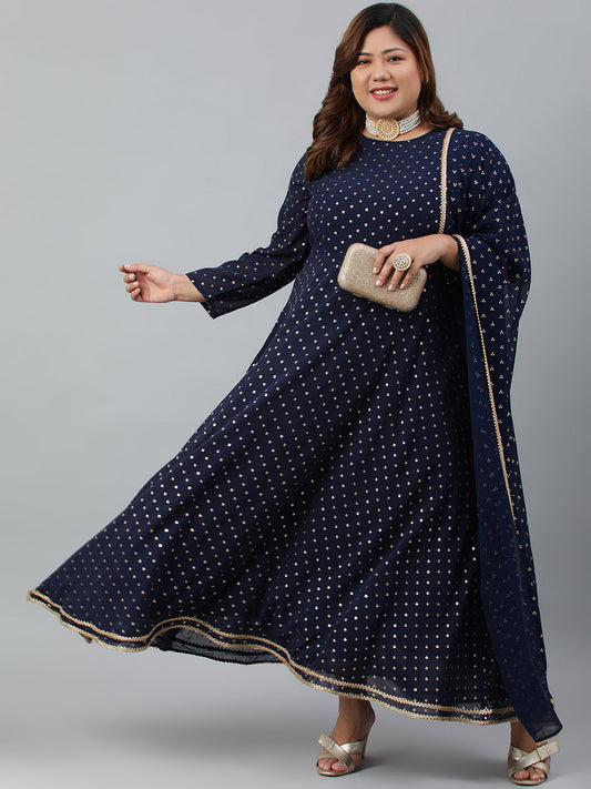 Indian Clothing Janasya XL LOVE by Janasya Women's Plus Size Navy Blue Poly Georgette Kurta and Dupatta | Swadesiicart