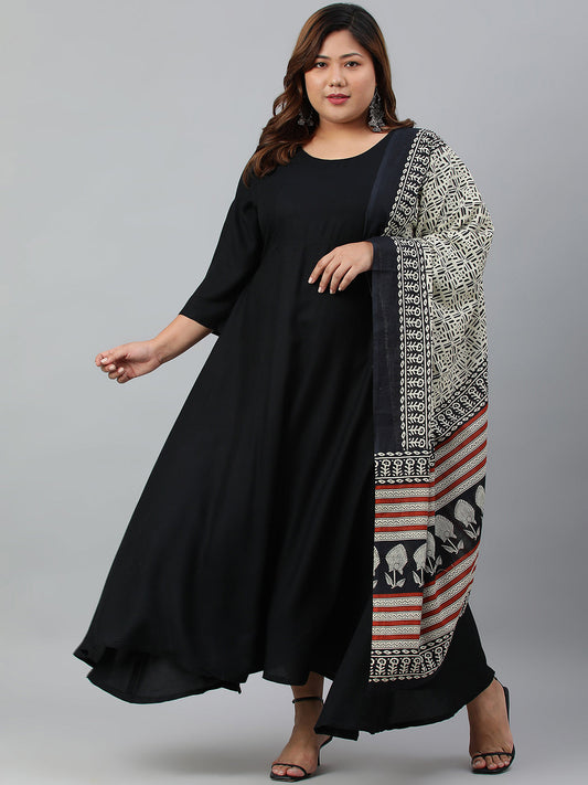 Janasya XL LOVE by Janasya Women's Plus Size Black Rayon Kurta With and Dupatta | Swadesiicart