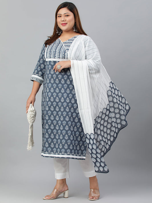 Janasya XL LOVE by Janasya Women's Plus Size Blue Cotton Kurta With Pant and Dupatta | Swadesiicart