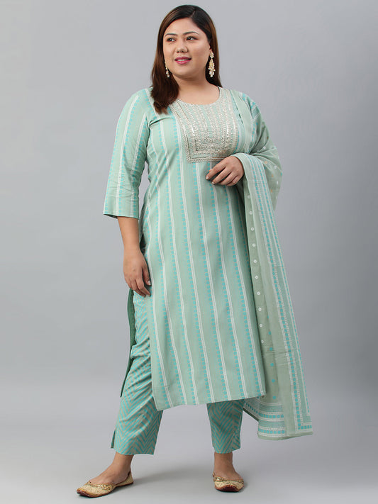 Janasya XL LOVE by Janasya Women's Plus Size Mint Green Rayon Kurta With Pant and Dupatta | Swadesiicart