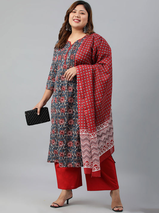 Janasya XL LOVE by Janasya Women's Plus Size Grey Cotton Kurta With Palazzo and Dupatta | Swadesiicart