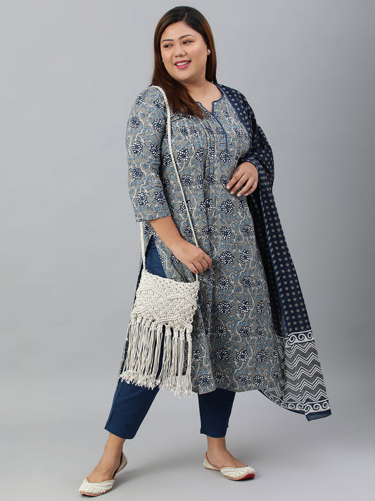 Janasya XL LOVE by Janasya Women's Plus Size Grey Cotton Kurta With Pant and Dupatta | Swadesiicart