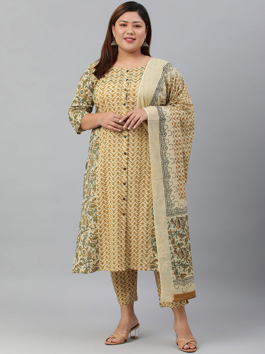 Janasya XL LOVE by Janasya Women's Plus Size Beige Cotton Kurta With Pant and Dupatta | Swadesiicart