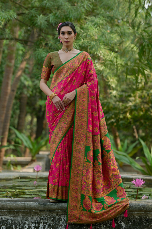 Vishnu Weaves Women's Pink Pashmina Silk Thread Woven Saree with Blouse - Swadesiicart