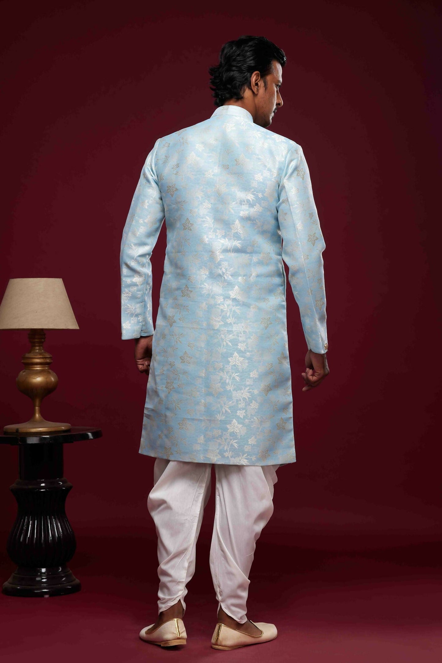 Raivat Ethnic Banarasi Jacquard Embroidery Semi Indo Western Sherwani In Sky Blue Colour | Swadesiicart