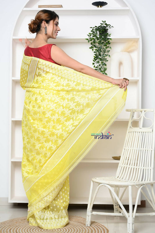 Very Much Indian Jamdhani Cotton Saree With Polka Dot Pallu - Lime Yellow | Swadesiicart