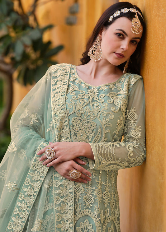 Light Green Pure Butterfly Net Wedding Wear Anarkali Suit - Emponline | Swadesiicart