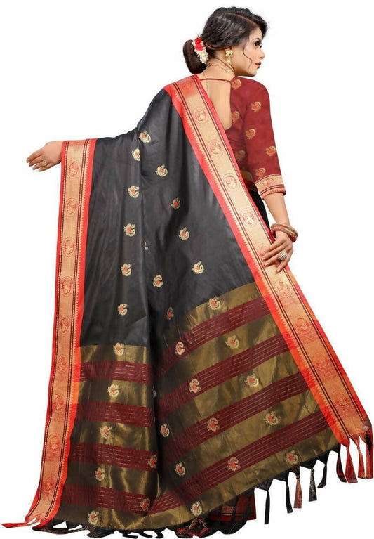 DEIANA'S Beautiful Designer Golden zari Soft Lichi Silk Saree - Black - Swadesiicart