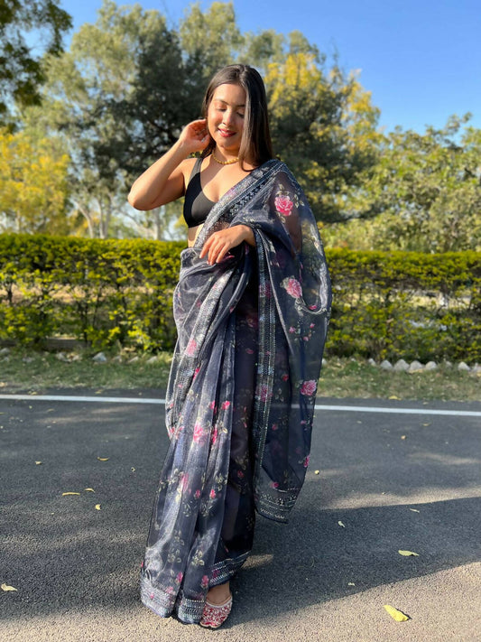 Vamsee Navy Blue Organza Saree - Swadesiicart