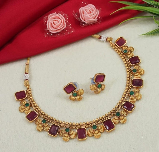 Jewel City Antique Gold Ruby Green Floral Choker Set - Adjustable Designer Necklace with Pearl Tassels - Traditional Indian Wedding Jewelry Collection | Swadesiicart