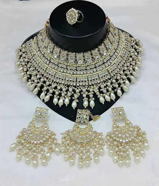 Jewel City Royal Pearl and Crystal Choker Set - Gold-Plated Wedding Jewelry with Earrings and Ring | Swadesiicart