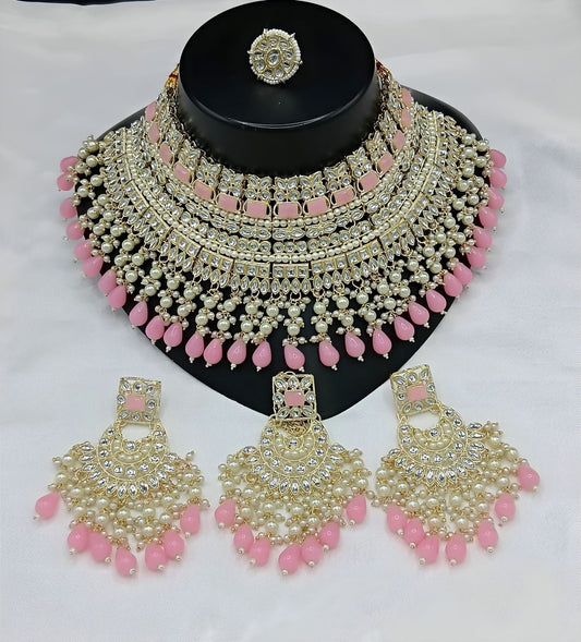 Jewel City Royal Pearl and Crystal Choker Set - Gold-Plated Wedding Jewelry with Earrings and Ring | Swadesiicart