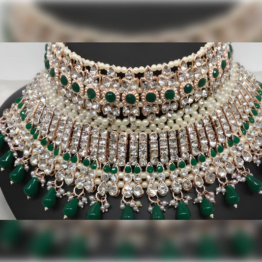 Jewel City Luxury Green Crystal Choker Set - Rose Gold-Plated Bridal Jewelry with Pearl Accents | Swadesiicart