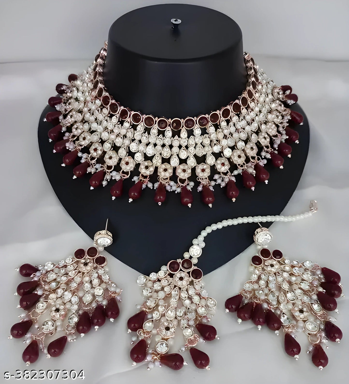 Jewel City Regal Maroon Kundan & Pearl Bridal Jewelry Set-Luxury Choker Necklace Earrings & Maang Tikka-Ethnic Wedding & Party Wear | Swadesiicart