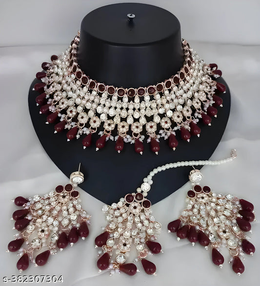 Jewel City Regal Maroon Kundan & Pearl Bridal Jewelry Set-Luxury Choker Necklace Earrings & Maang Tikka-Ethnic Wedding & Party Wear | Swadesiicart