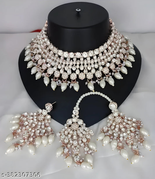Jewel City Elegant White Kundan & Pearl Bridal Jewelry Set-Luxury Choker Necklace Earrings & Maang Tikka-Ethnic Wedding & Party Wear | Swadesiicart
