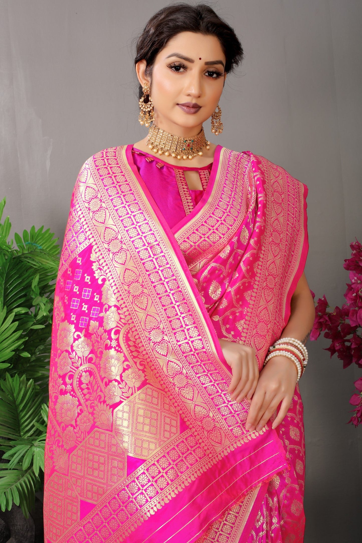 Anaita Pink Woven Design Pure Silk Banarasi Saree With Blouse