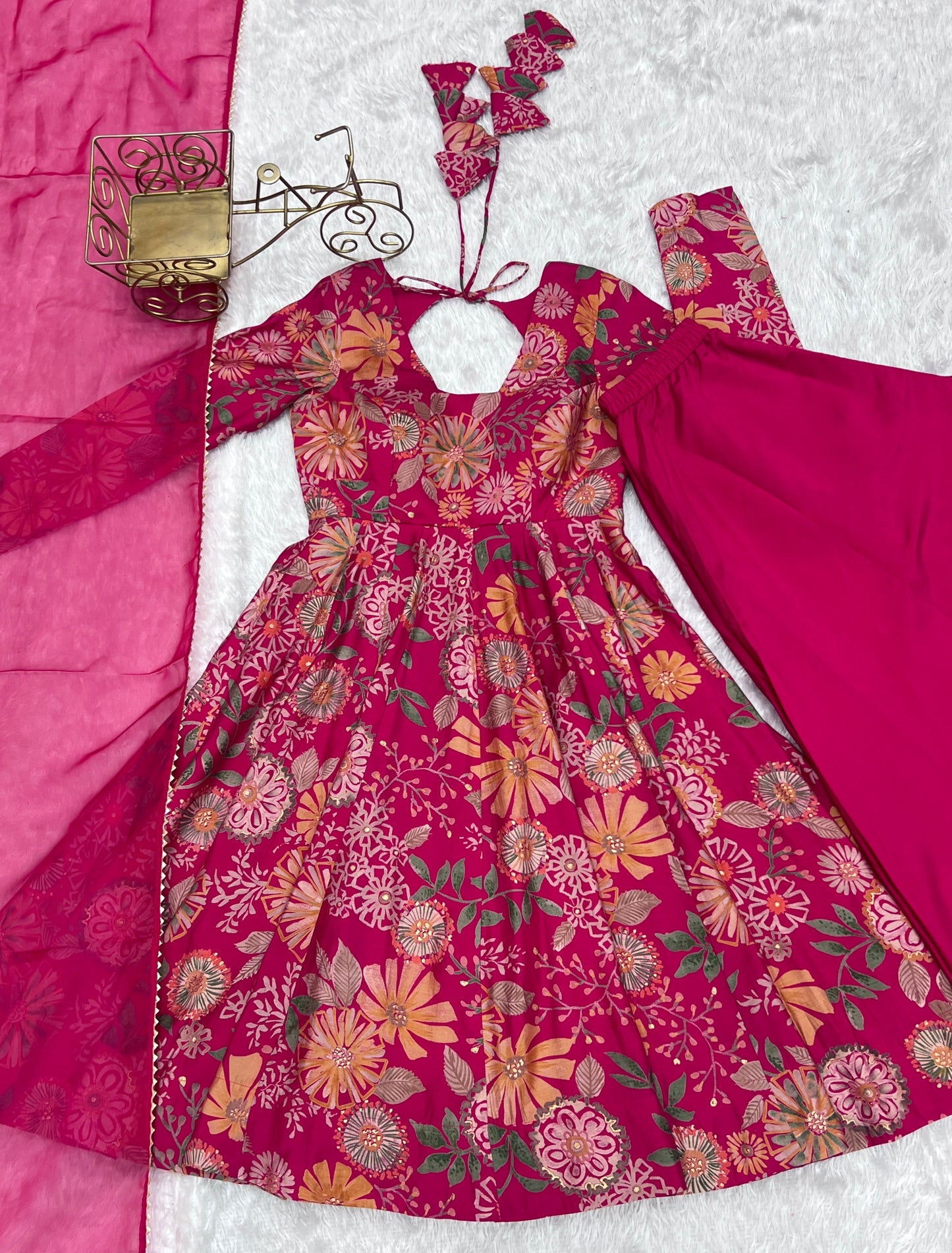 Lorenvalley Women Pure Soft Roman silk Chanderi Discharge Print Fabric Kediya Kurta Palazzo with Dupatta Set - Ranipink - Swadesiicart