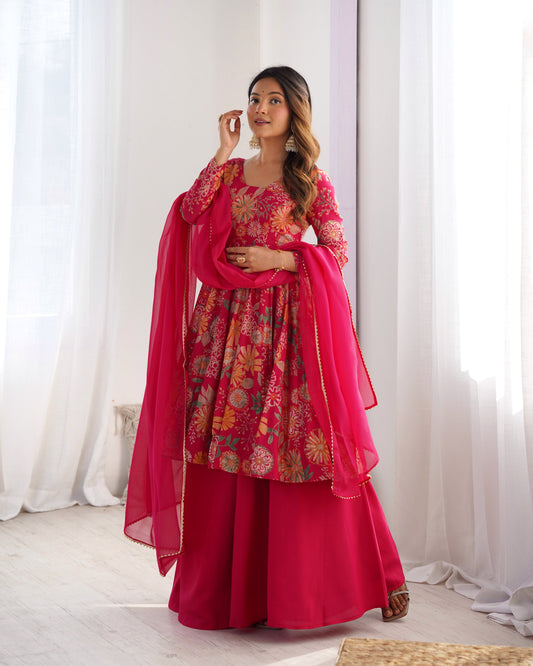 Lorenvalley Women Pure Soft Roman silk Chanderi Discharge Print Fabric Kediya Kurta Palazzo with Dupatta Set - Ranipink - Swadesiicart